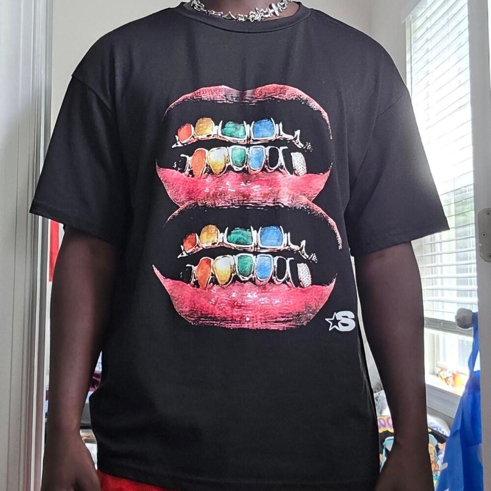 Colorful Grill Lips Graphic Tee Black Y2K Streetwear T-Shirt